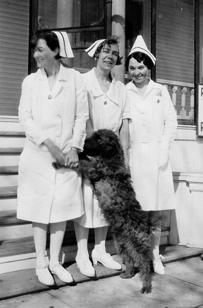 3 nurses smiling with a dog