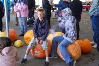 2 little boys sitting on a bunch of pumpkins